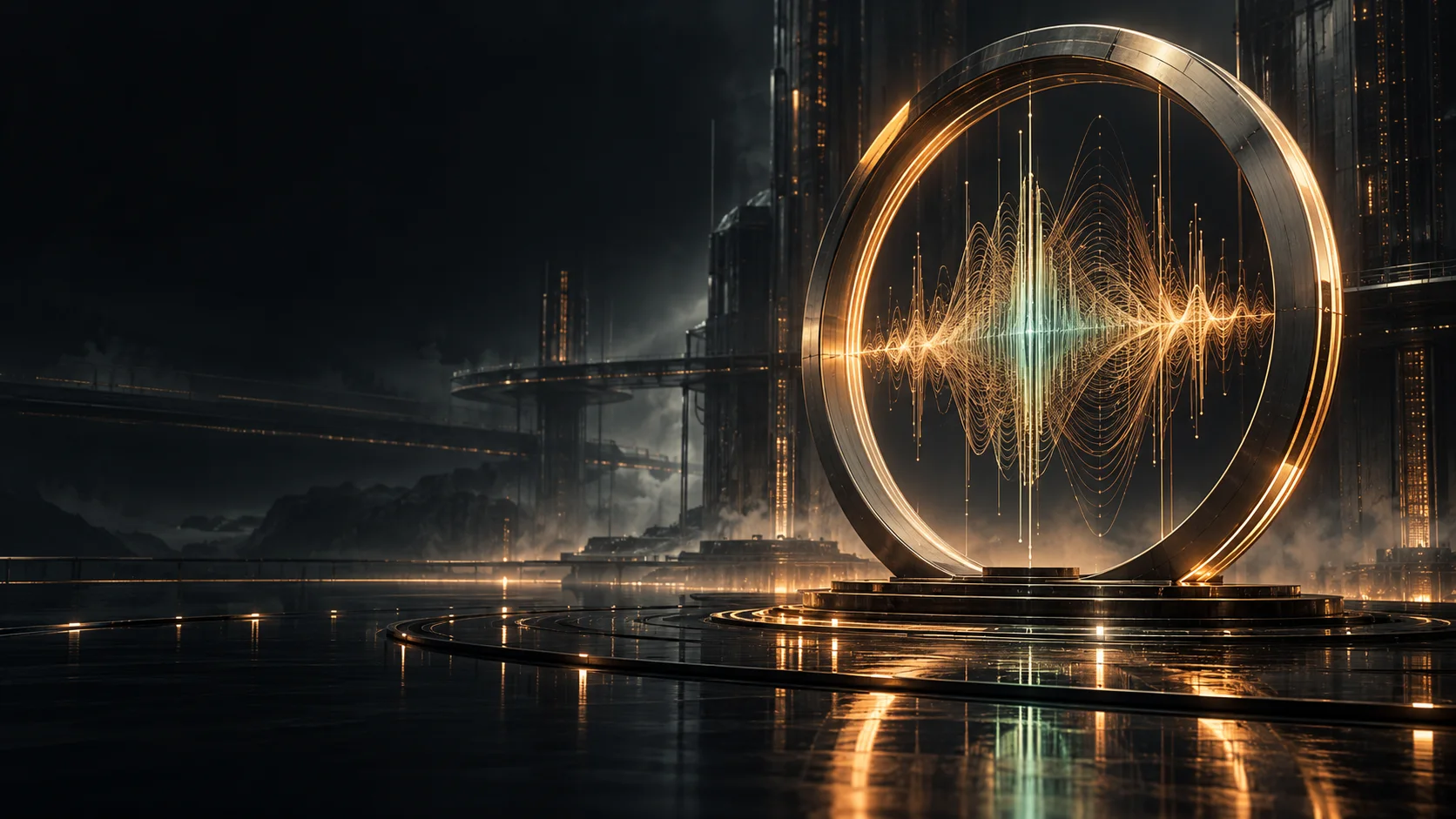 An illuminated signal ring in a vast futuristic observatory